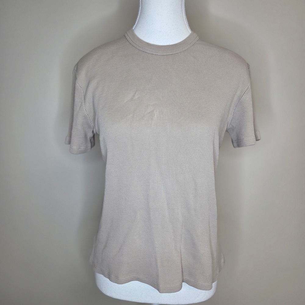 Leallo‎ Womens S Beige Waffle Knit Thermal Short Sleeve Cotton T-Shirt Top
